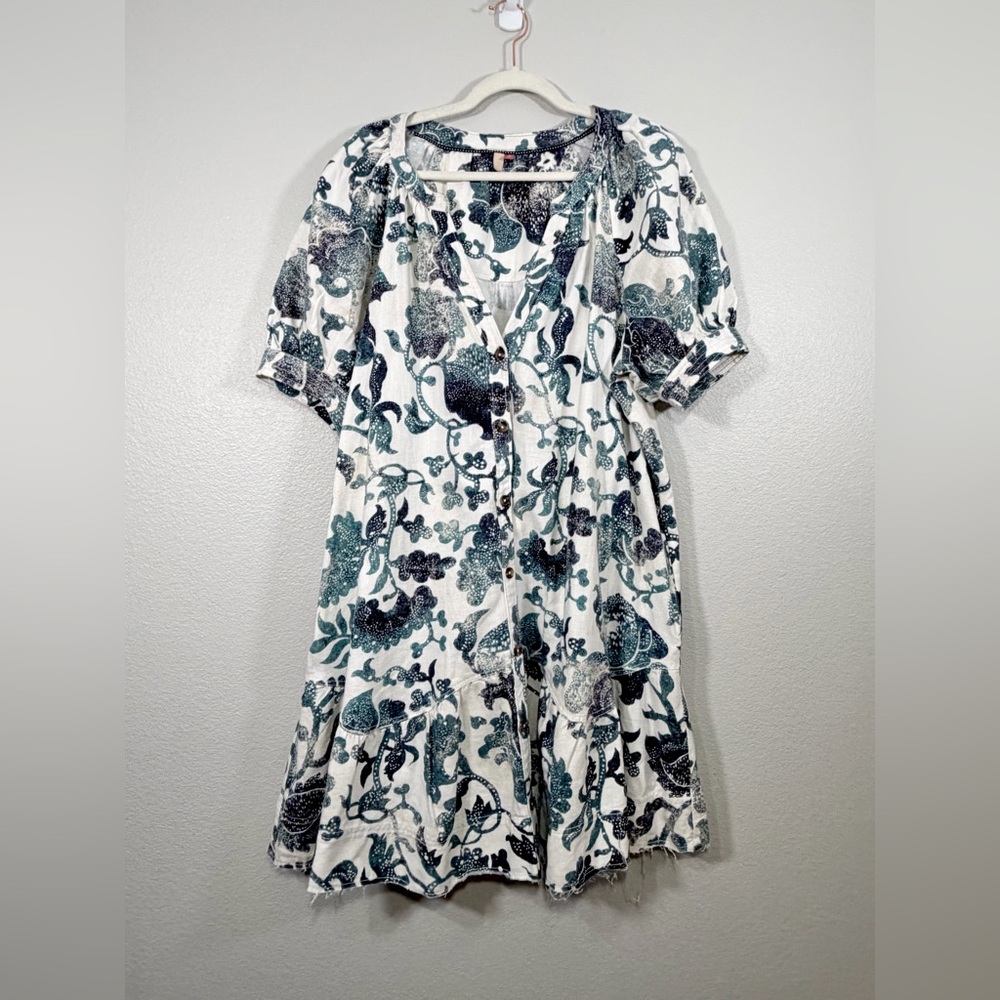 Anthropologie PILCRO Dress Puff Sleeve Floral Button Down Teal Distress Women XL